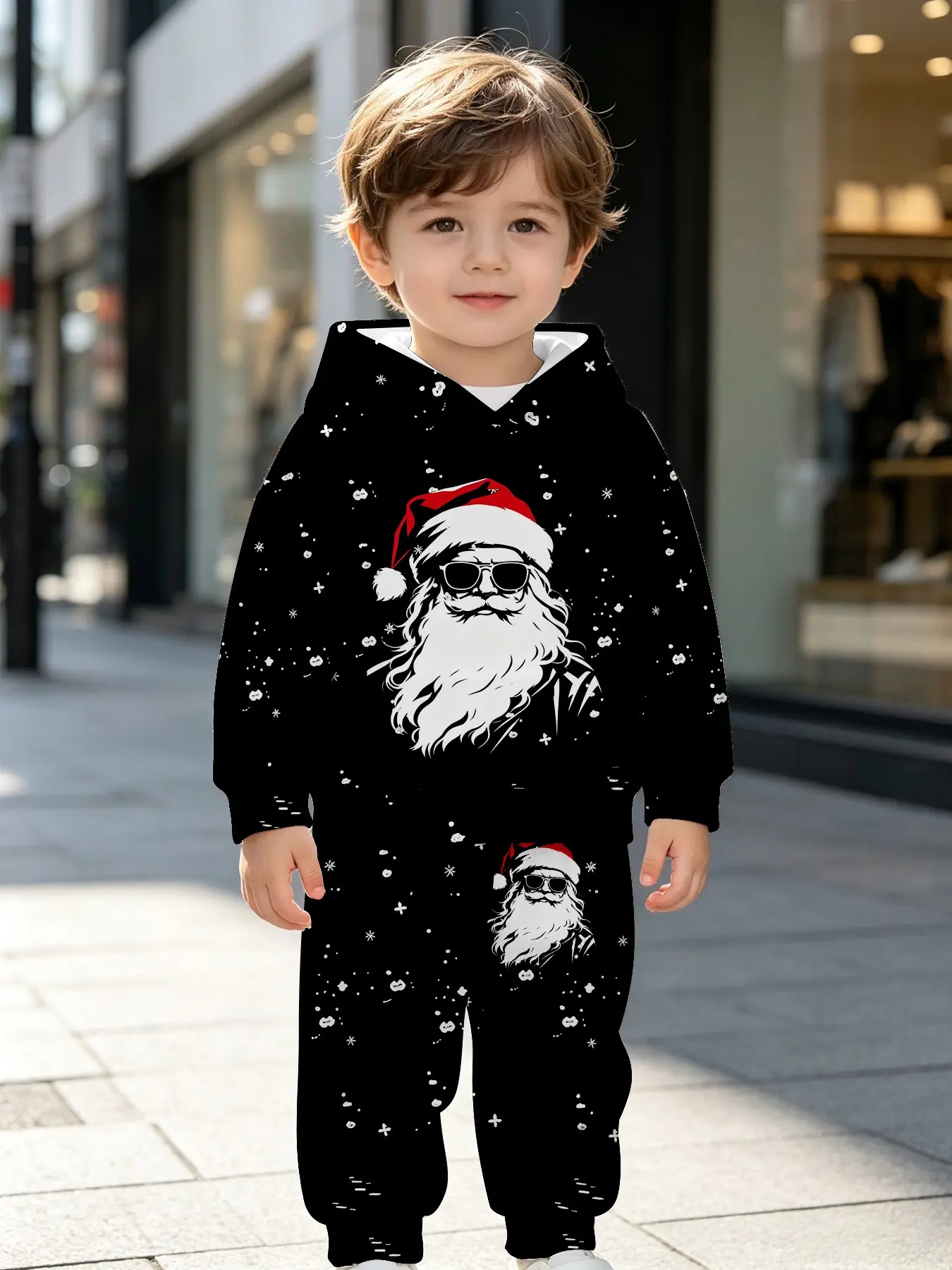 Boys' Snowflake Sunglasses Christmas Santa Print Hoodie Pants Set, Outdoor Wear, Perfect Birthday Gift, Ages 1-14