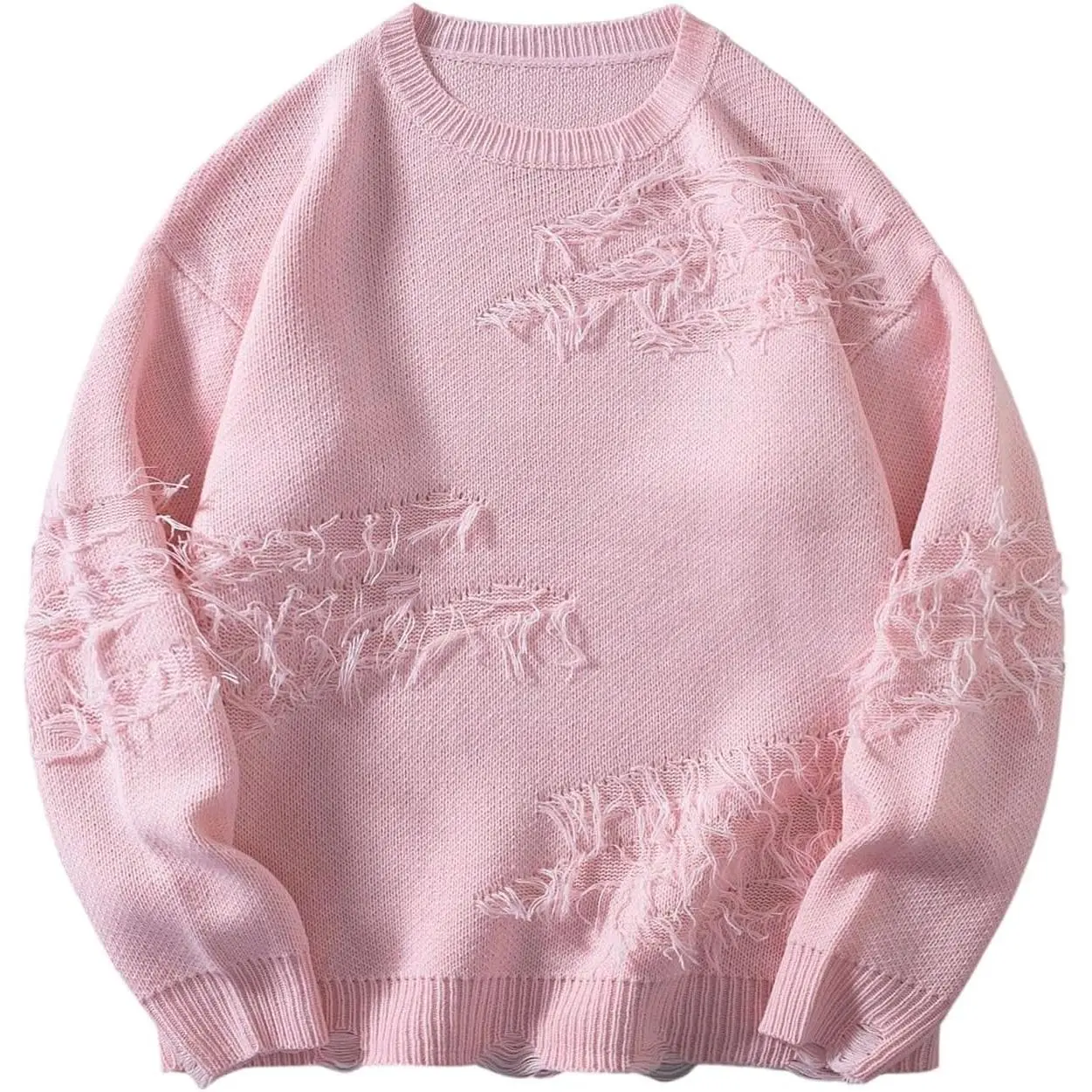 WDIRARA Menswear Men's Stylish Distressed Crew Neck Long Sleeve Knit Pullover Top, Casual Streetwear for Pairing with Jeans & Sweatpants, Knitwear