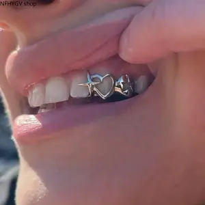 Hiphop Grillz Tooth Caps Hollow Out Punk Street Style Teeth Jewelry, Trendy Lightweight Unisex Decorative Accessories, Eye Catching Ornaments For Daily Streetwear Outfits And Music Festival Performances