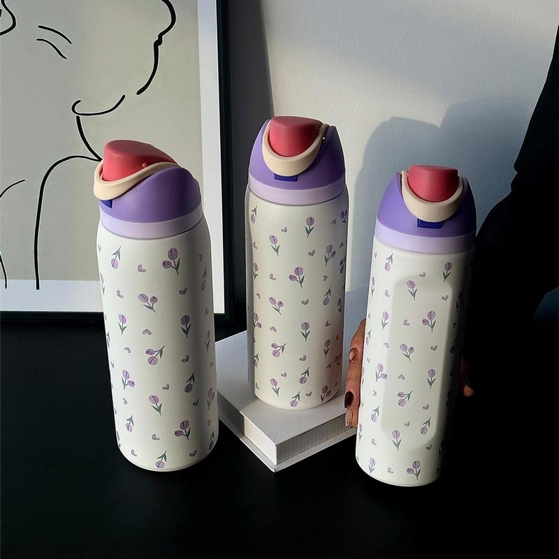 Tulip Pattern Vacuum Flask, 1 Count 24oz/32oz/40oz Stainless Steel Insulated Water Bottle with Straw, Drinking Cup for Home Office School Outdoor, Drinkware, Reusable Tumbler with Lid