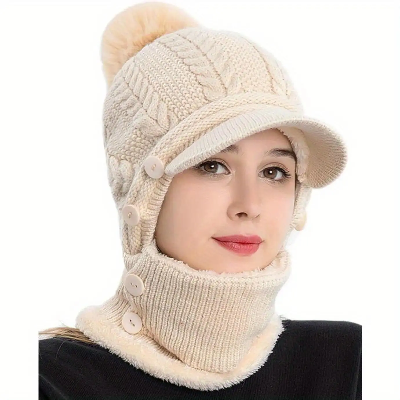 Women's Winter Soft Polyester Cable Knit Loose Slouchy Thick Beanie Combo - Fleece Lined, Insulated, Windproof, Thermal Warm, Hand Wash, 1 Size, Protects Motorcycle Riders (Automotive & Motorcycle Protective Gear), Protect, Cable Knitted, One Size