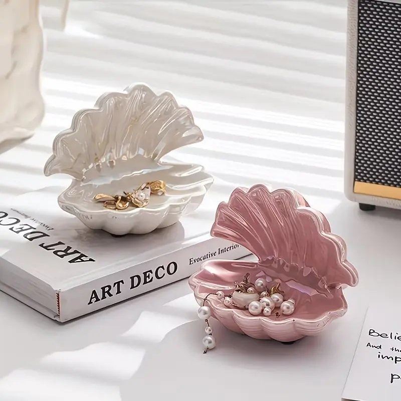 Ceramic Seashell Jewelry Trinket Dish, Art Decor Catchall Tray For Entryway Keys & Vanity Jewelries, Elegant Home Room Ornament, Heartfelt Gift For Mom And Girlfriend