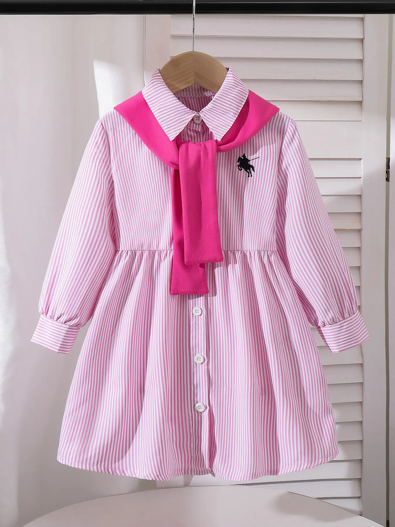 Girls' Preppy Striped Shirt Dress, Animal Pattern, Long Sleeve, Waist Cinched, Spring & Fall Clothing, Loose-Fitting, Child Fashion