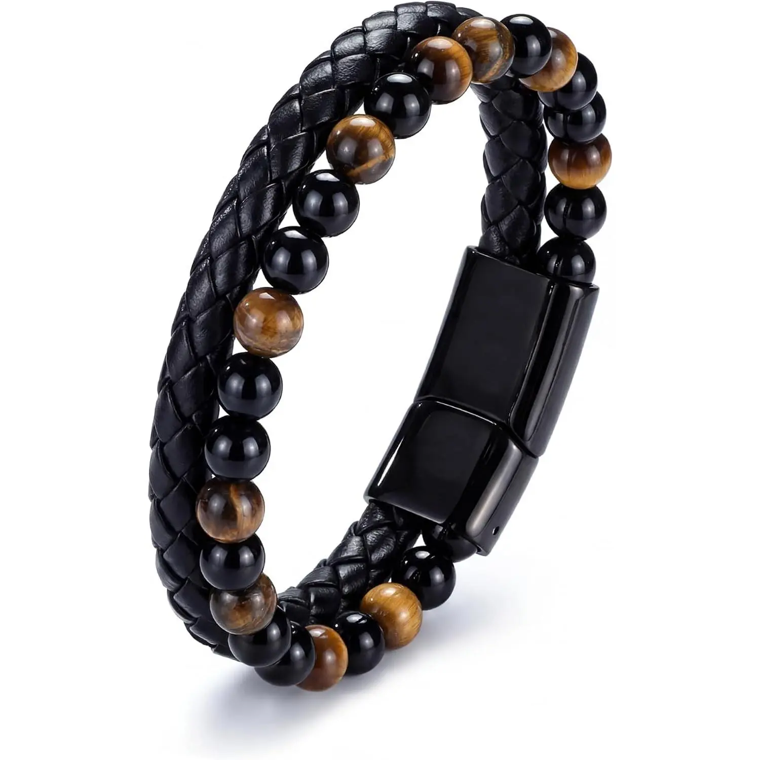 Gifts for Men - Mens Beaded Leather Bracelet with Tiger Eye Stainless Steel Engraved Anniversary Christmas Birthday Gifts for Son Husband Man 7.5/8.5/9 Inches Mens Leather Bracelet
