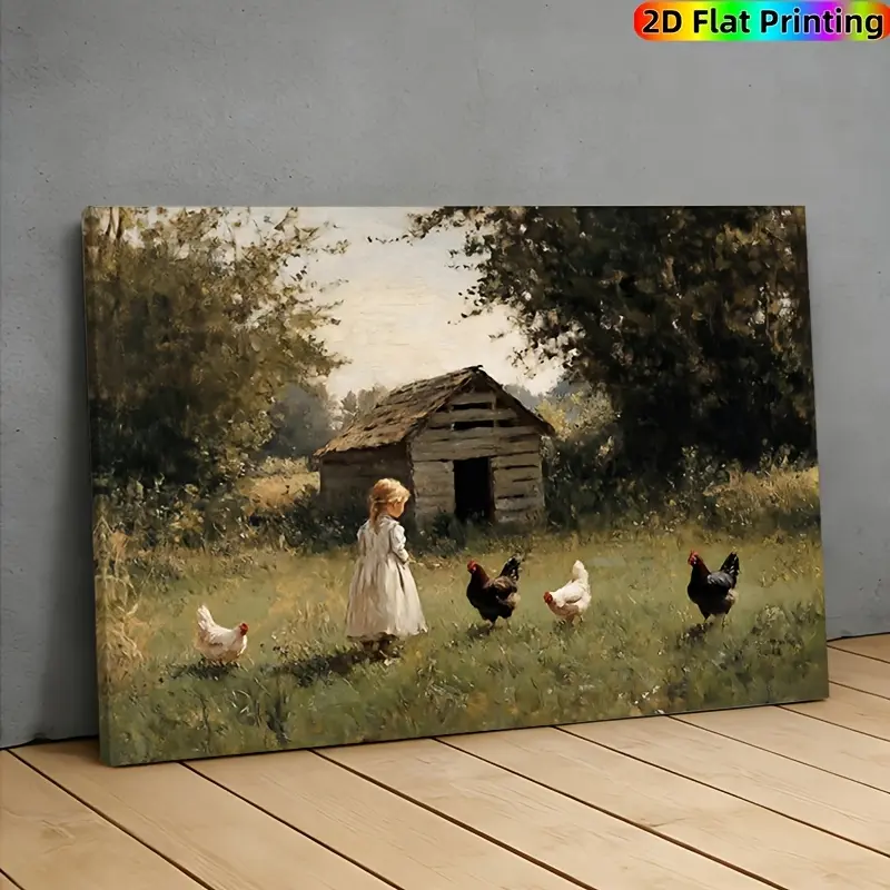 2D Flat, 1pc Framed/Frameless Rustic Farmhouse Little Girl with Chickens Art Print - Canvas & Wall Decor Poster Suitable for Living Room, Bedroom, Kitchen - Charming Countryside Chicken Coop Decor, Ideal Gift for Art Lovers, Christmas, Thanksgiving