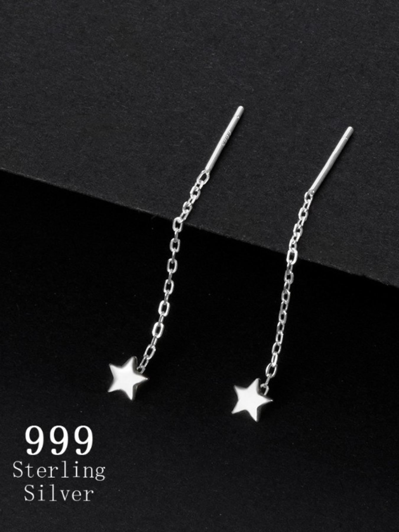 999 Sterling Silver Cute Star Design Chain Earrings, Fashionable Dangle Earrings for Women & Girls, Trendy All-match & Exquisite Jewelry for Birthday Gift