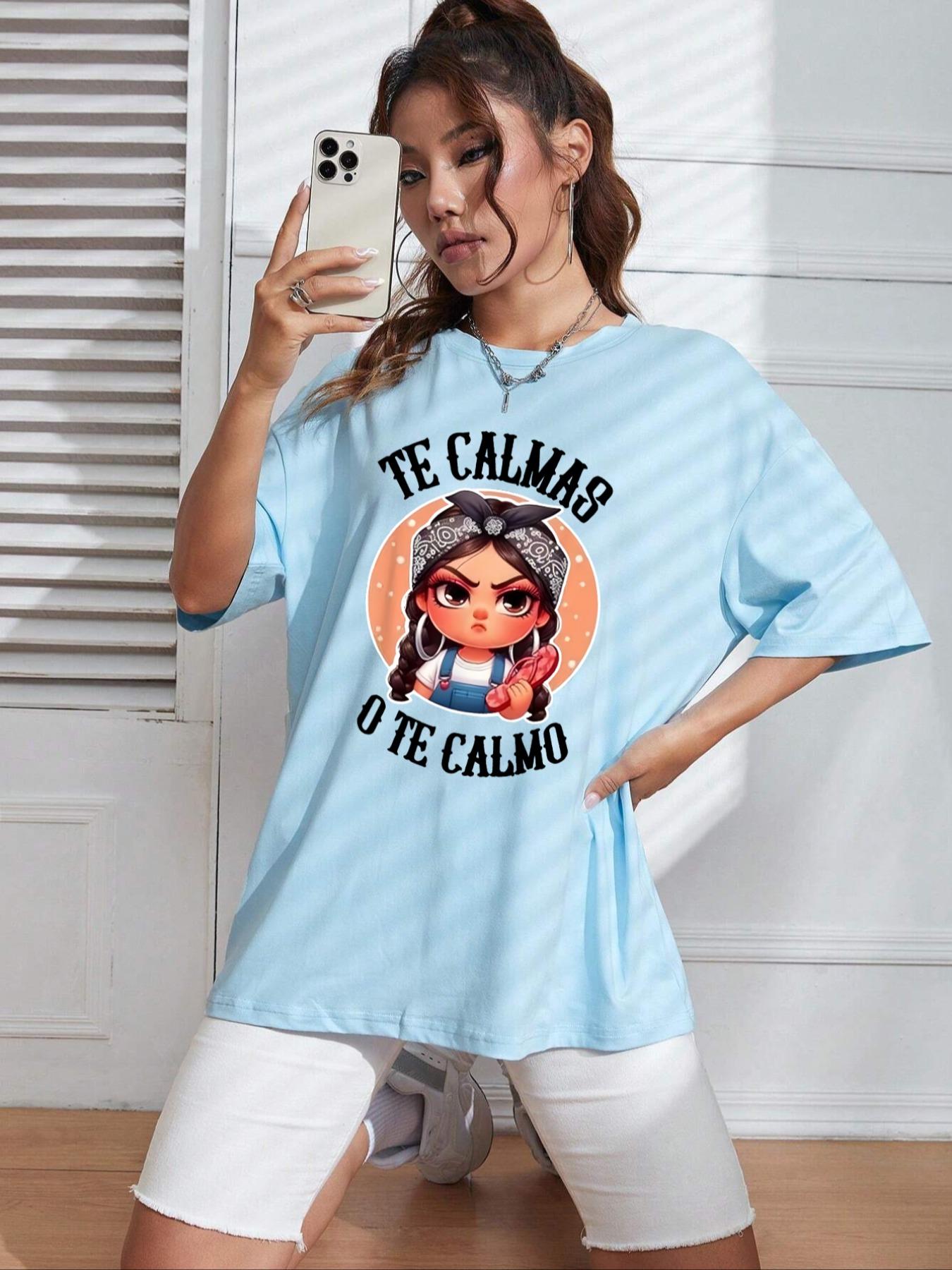 Women's Cartoon & Letter Print Round Neck Tee, Fashion Casual Short Sleeve T-shirt for Daily Wear, Ladies Summer Clothes