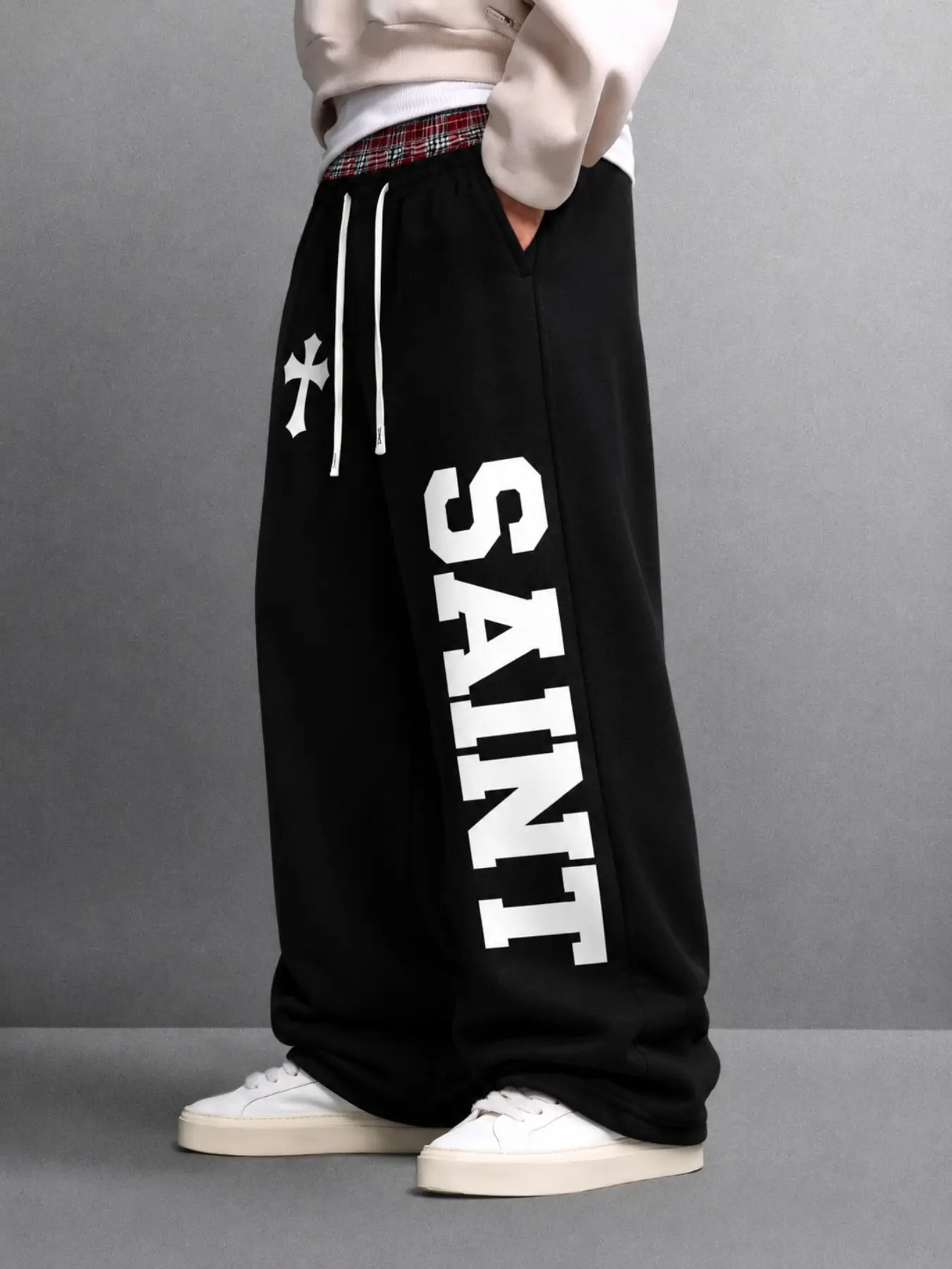 American Street Style Dual Waist Sweatpants, Plaid Colorblock Design, Saint Letter Cross Print, Loose Fit, Comfortable and Slimming