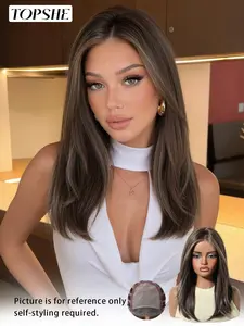 Topshe High-Definition Lace Mono Wig, Cold Highlighted Medium-Length Straight Hair, Hand-Tied Top Net, Heat-Resistant, No Glue Needed