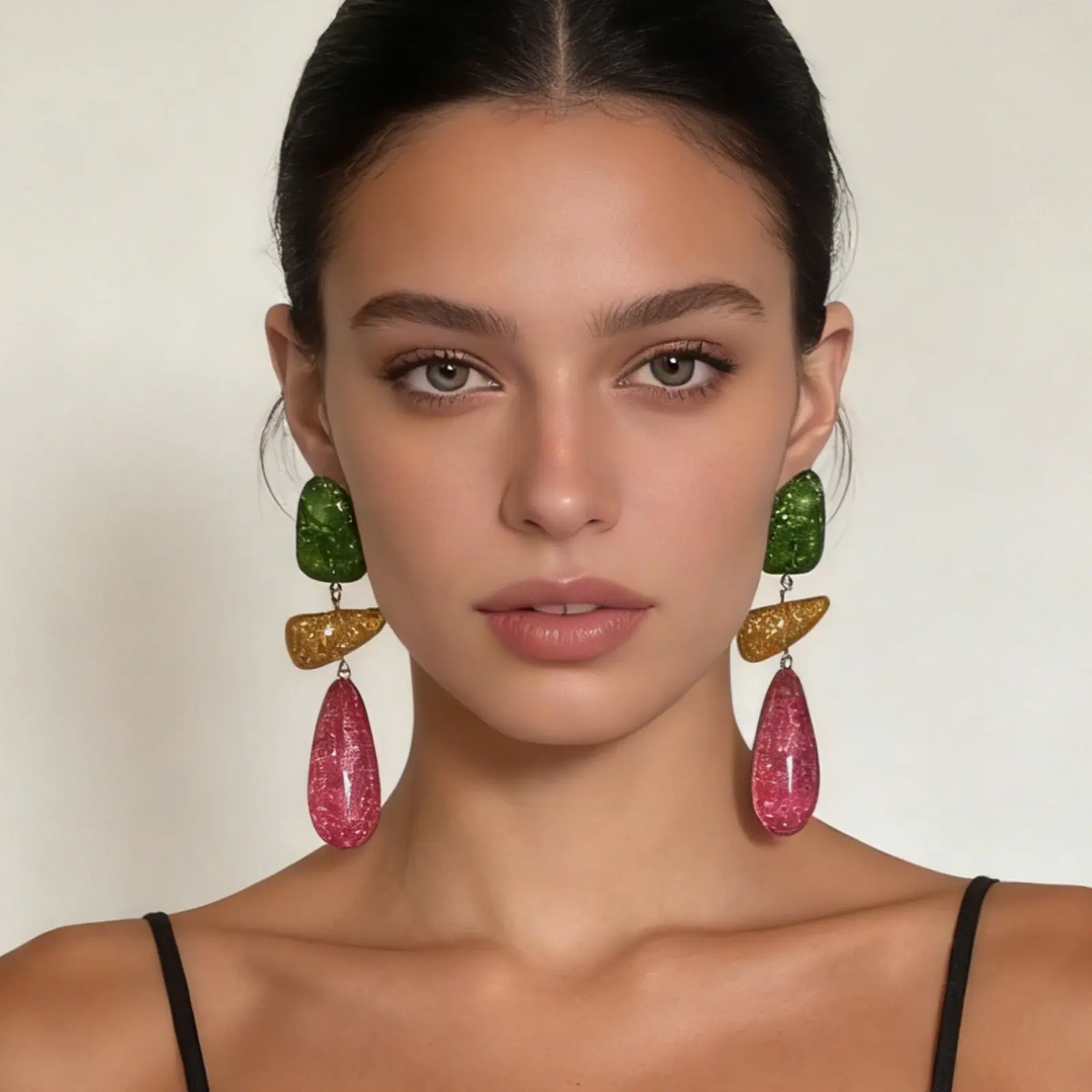 Vintage Bold Color Resin Drop Earrings, Irregular Geometric Patchwork Dangle Earrings, Minimalist Versatile Fashion Jewelry for Daily Outfits, Party Styling and Casual Matching