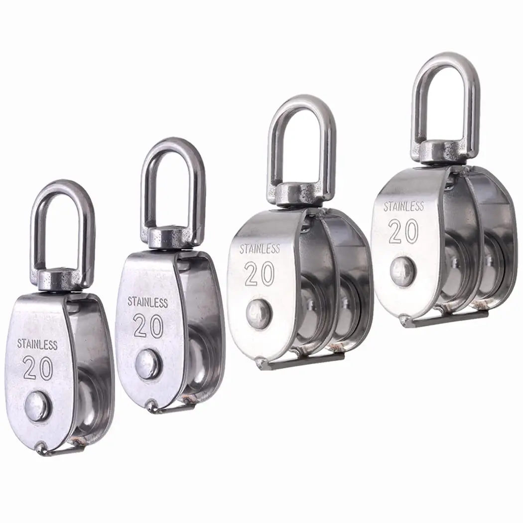 4 Pack M20 Pulley Block, 2 Pcs Single Pulley & 2 Pcs Double Pulley 304 Stainless Steel Wire Rope Lifting Swivel Hook