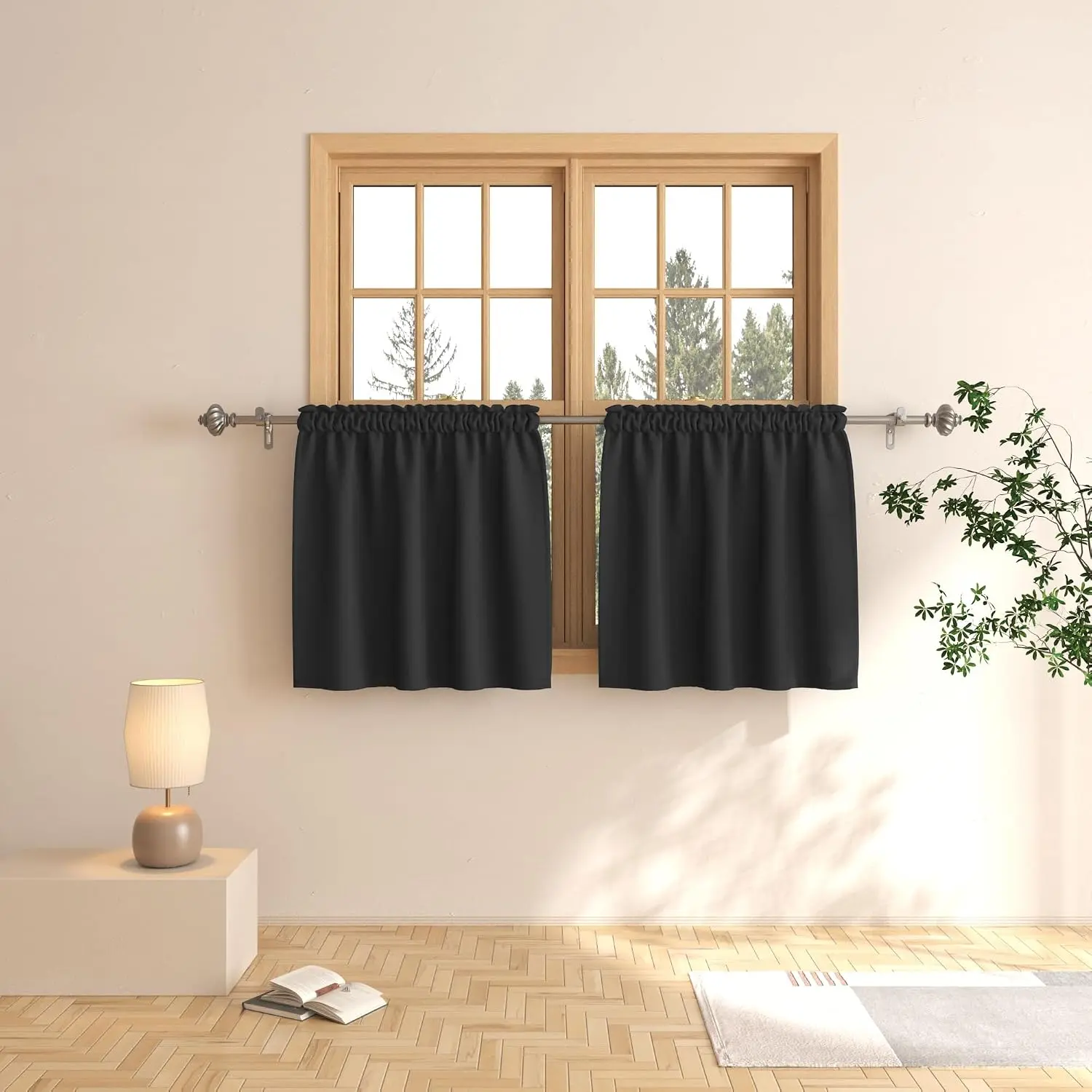 Tier Curtains 24 inch Blackout Room Darkening/Sink Short Triple Weave Small Cafe Half Window Treatment Set 2 Panels Basement Rod