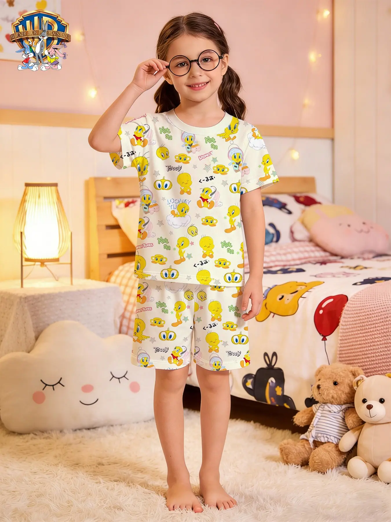 Wb Official Tweety Bird Kids Short Sleeve Pajama Set, Cute Full Print Girls' Home Wear, Breathable Sleepwear