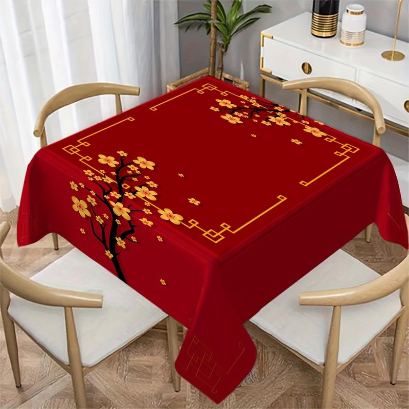 A Flat 2D Banner, 1pc of Red Plum Blossom Tablecloth - a Traditional Chinese Square Polyester Table Cover with a Golden Branch Design, Made from Machine-Washable And Easy-To-Clean Material, Suitable for Indoor And Outdoor Parties