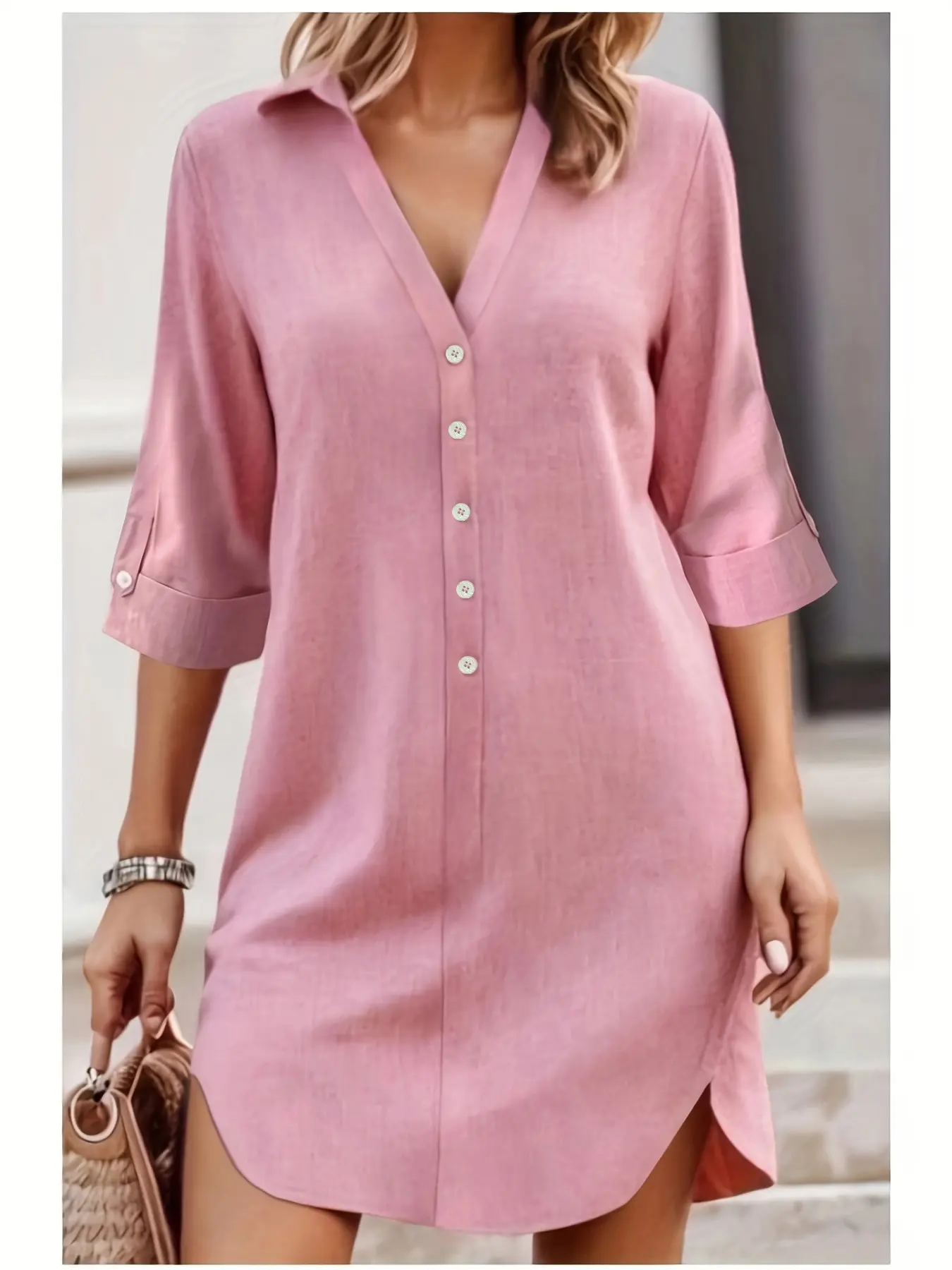Summer Linen Shirt Dress, Loose Fit V Neck Seven-Quarter Sleeves, Side Split Medium-Length Breathable Cotton Hemp Shift Dress