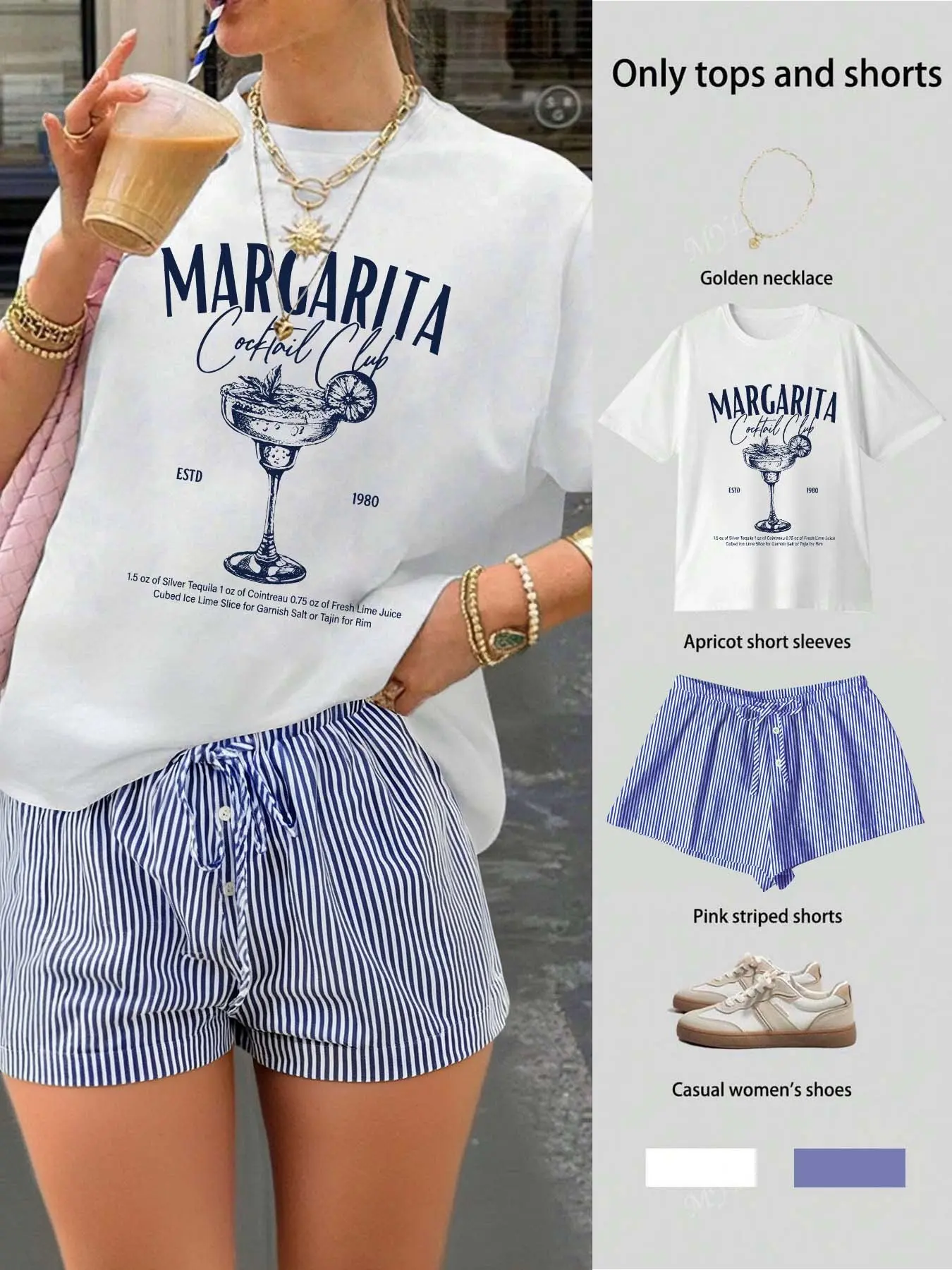 Women's Summer 2 Piece, Casual Graphic Cocktail T-Shirt & Striped Shorts, Vintage Lemon Print Loungewear, Beach Vacation Pajamas, Casual Fitted Sleepwear, Nightwear Lounge Set