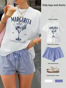 Women’s Summer 2 Piece, Casual Graphic T-Shirt & Striped Shorts, Vintage Lemon Print Loungewear, Beach Vacation Pajamas