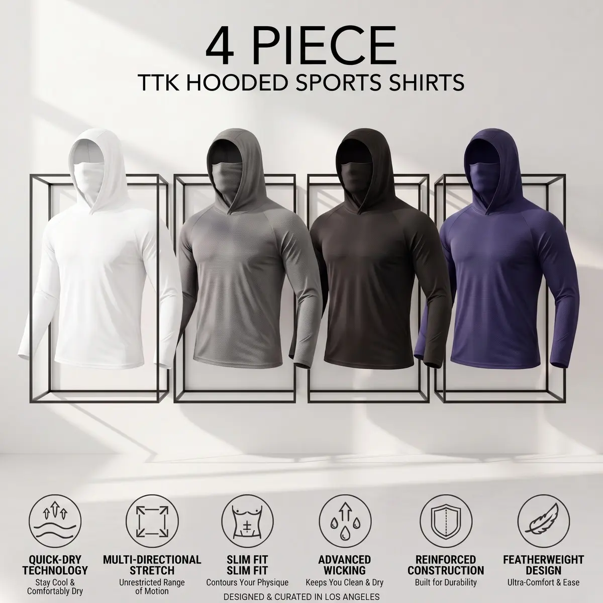 4-Pack Men's Summer UPF50 Sun Protection Hoodies, Quick Dry Breathable Compression Shirts with Built-In Face Cover, Long Sleeve Tactical Athletic Tops for Fishing, Hiking, Construction, Gym & Spring & Fall Outdoor Work