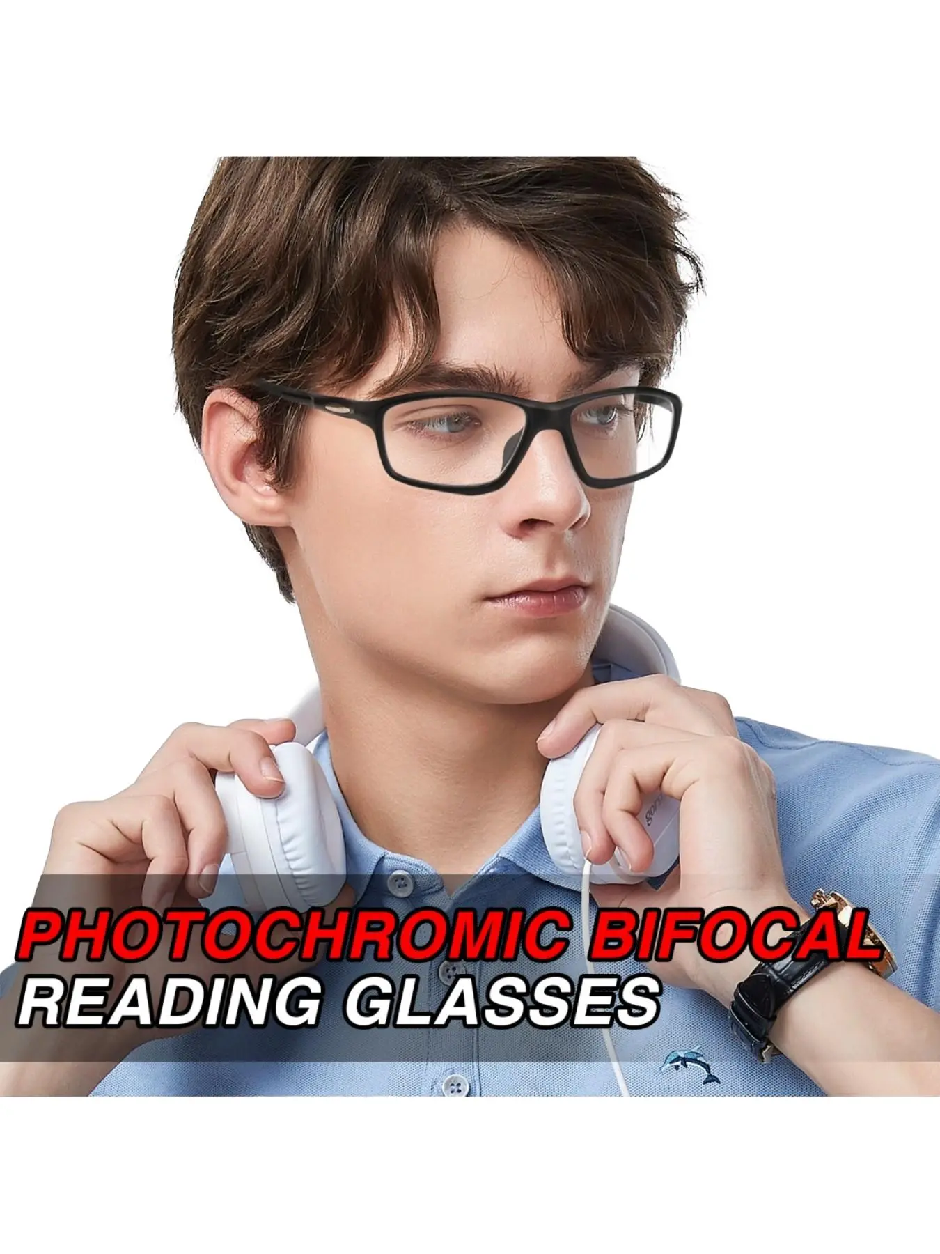 1pc Sporty Rectangle Reading Glasses, Photochromic Dual Vision, Ultra-Light Frosted Frame, Non-Slip Temple Tips, Unisex, All Seasons