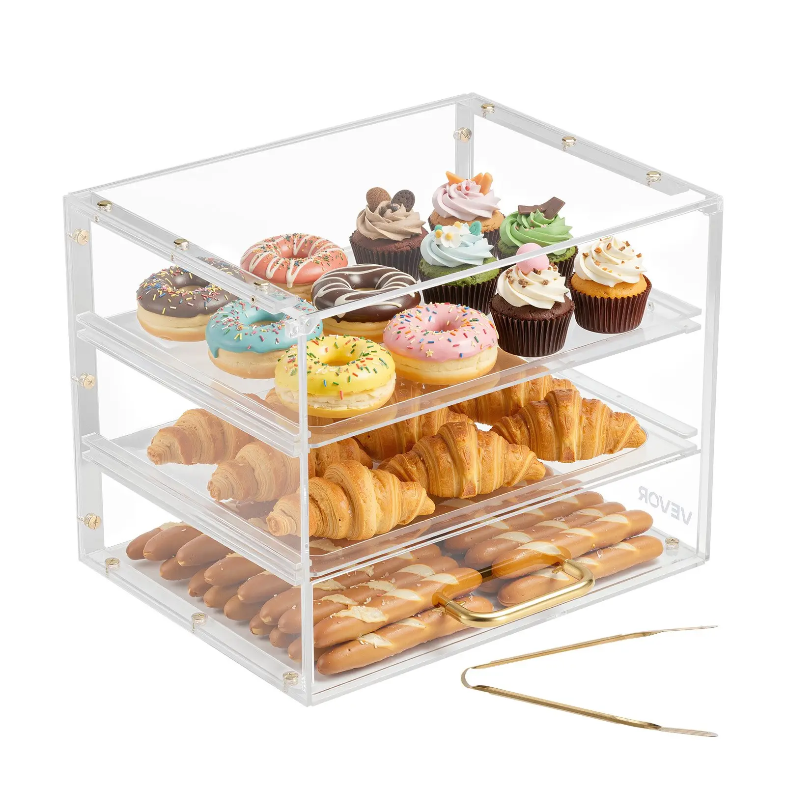 Bakery Display Case, 3-Tier Commercial Countertop Pastry Display Case, Clear Acrylic Bread Box for Kitchen, Party Cake Cabinet with Flip-Up Door for Cookie Dessert Donut, 13" x 10.2"x 10.2"