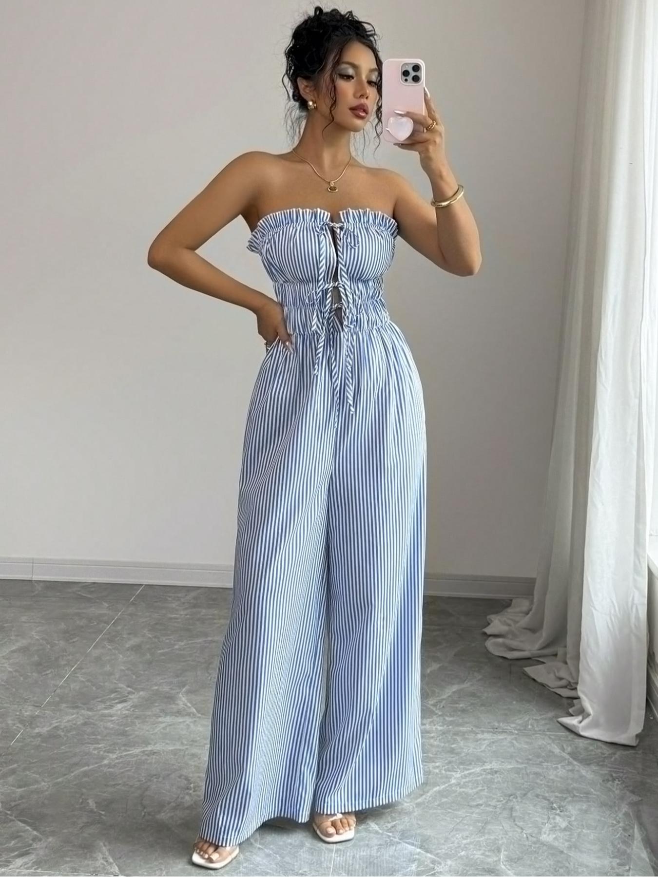 Women's Summer Casual Striped Bandeau Wide Leg Jumpsuit