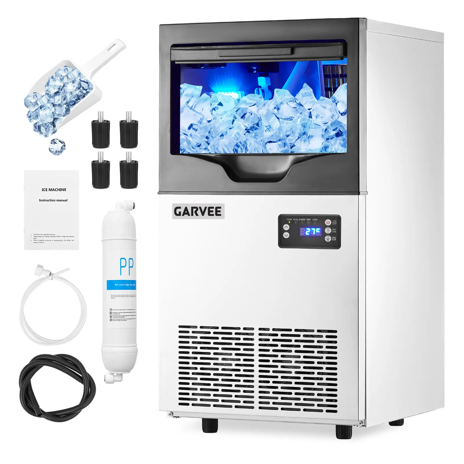 Garvee Commercial Ice Maker Machine - 100 lb/24H Production, 33 lb Storage Bin - Under Counter/Freestanding, Stainless Steel - Adjustable Cube Thickness, Self-Cleaning, Quiet Operation