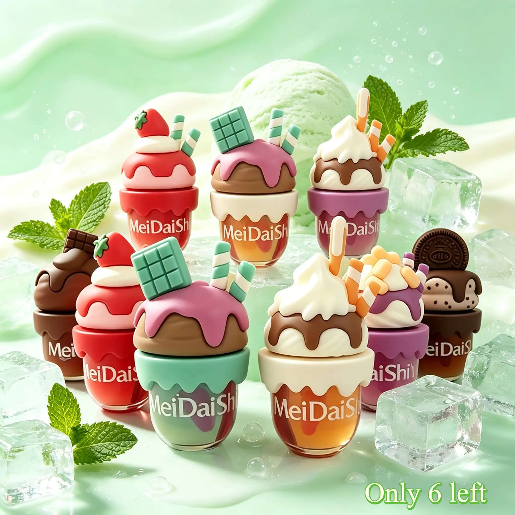 Sweet 6‑Piece Ice‑Cream Lip Gloss Set with temperature‑activated color change, lovely dessert tones, glossy glass‑lip finish, smudge‑proof long‑wear formula, create plump pouty lips, boost glow for commuting and dating makeup.