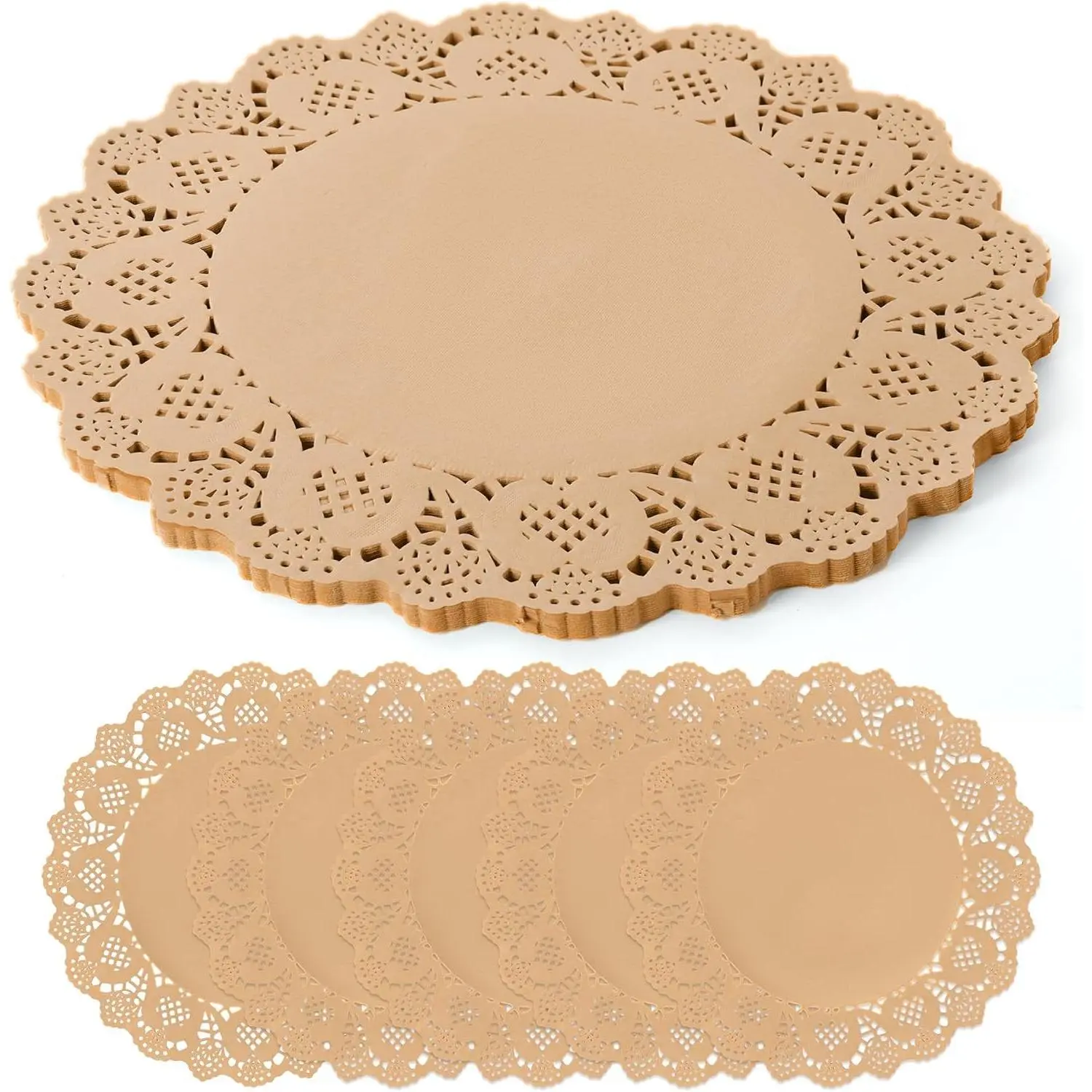 100 Pack 13.5 Inch Round Kraft Paper Doilies, Disposable Lace Placemats | Rustic Brown Scallop Doily Table Pads, Heavy-Duty Paper Place Mats for Cakes, Crafts, Parties, Weddings, Buffet, Home Decor