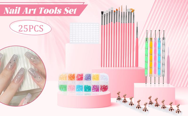 25PCS Nail Art Tools Set, Includes Nail Art Brushes, Nail Stand, Dotting Tools, Striping Liner Fingernail Drawing Pens, Jelly Glue, tweezers, Sequins, Professional Nail Art Supplies Kit
