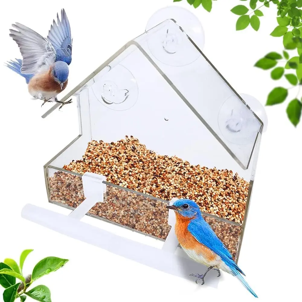 Window Bird Feeder, Bird House for Outside with 2 Rod, Small  Window Bird Feeder with  Suction Cups and Drain Holes 5.9 * 2.4 * 5.9 inch