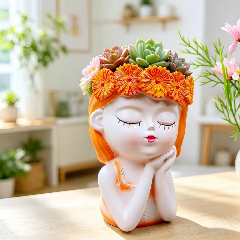 Healing Floral Wreath Girl Avatar Flower Pot, Tulip Orchid Vase Container, Desktop Fresh Décor Photo Prop, Stylish Home Decoration