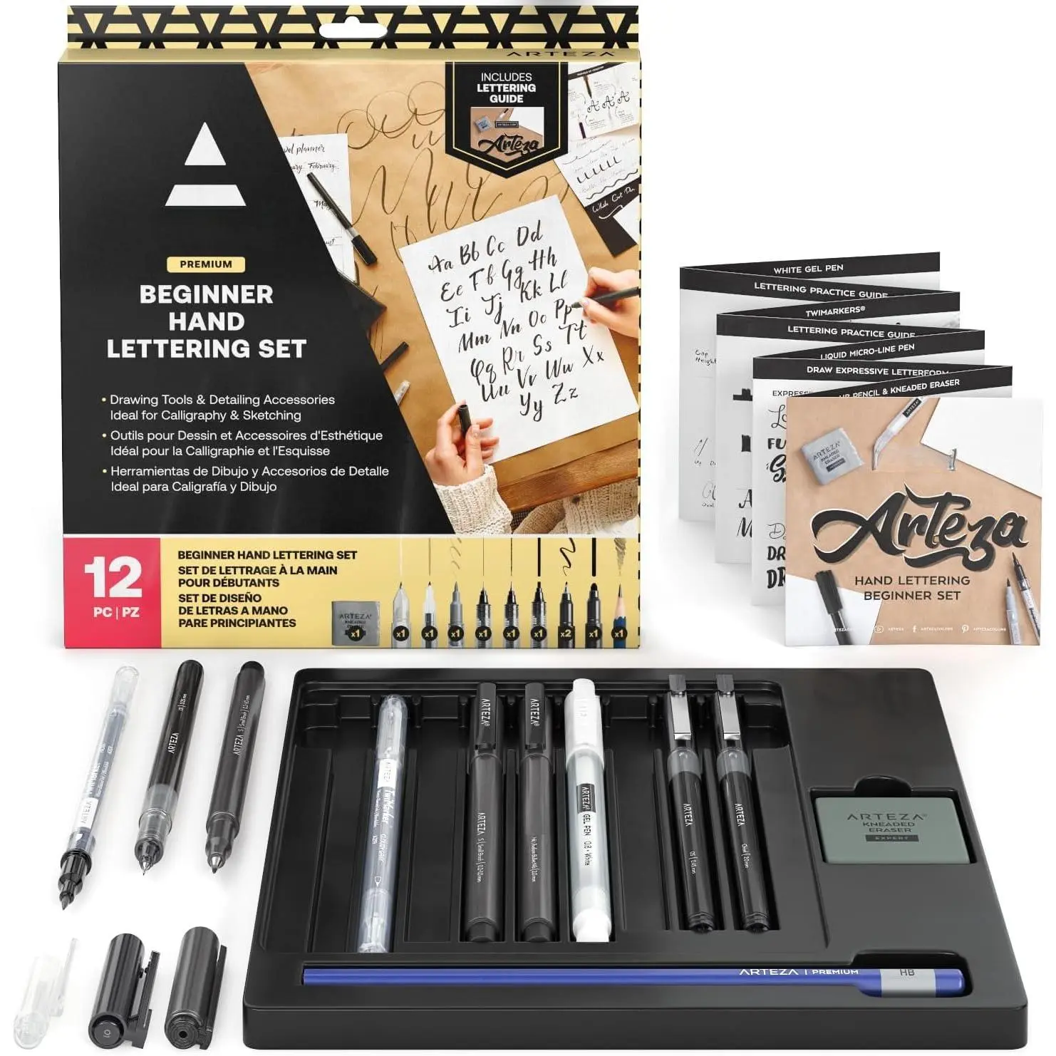 Hand Lettering Pens Set of 12 – Calligraphy and Brush Pens with Guidebook, Pencil, Eraser for Beginners Learning Hand Lettering and Decorative Writing