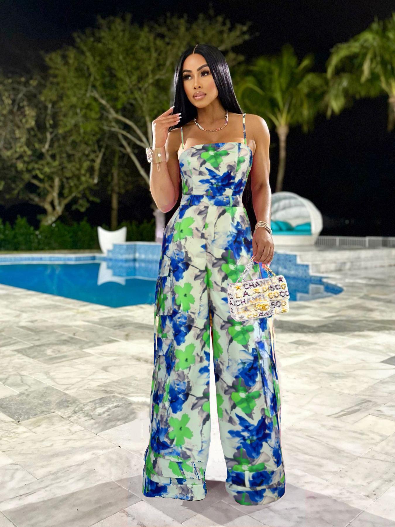 Women's Plain / All Over Print Multi-Pocket Wide Leg Cargo Jumpsuit, Casual Tape Decor Backless Spaghetti Strap Cami Sleeveless Jumpsuit, Ladies Clothes For Streetwear