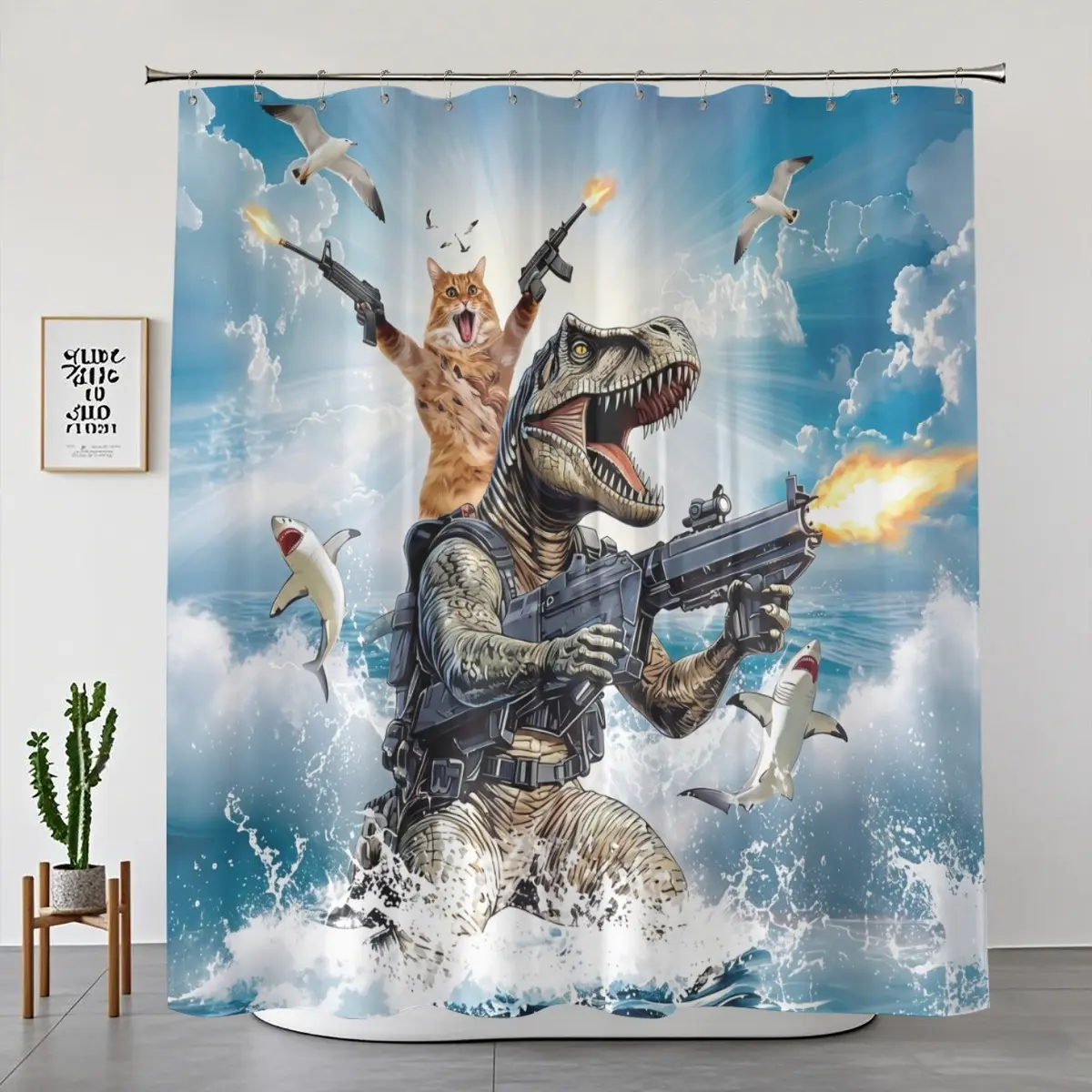 1/4-Piece Epic Cat Riding T-Rex Shower Curtain Set, Surreal Dinosaur with Guns & Shark Ocean Print, Funny Bathroom Decor for Boys, Waterproof with Non-Slip Rug & Toilet Cover