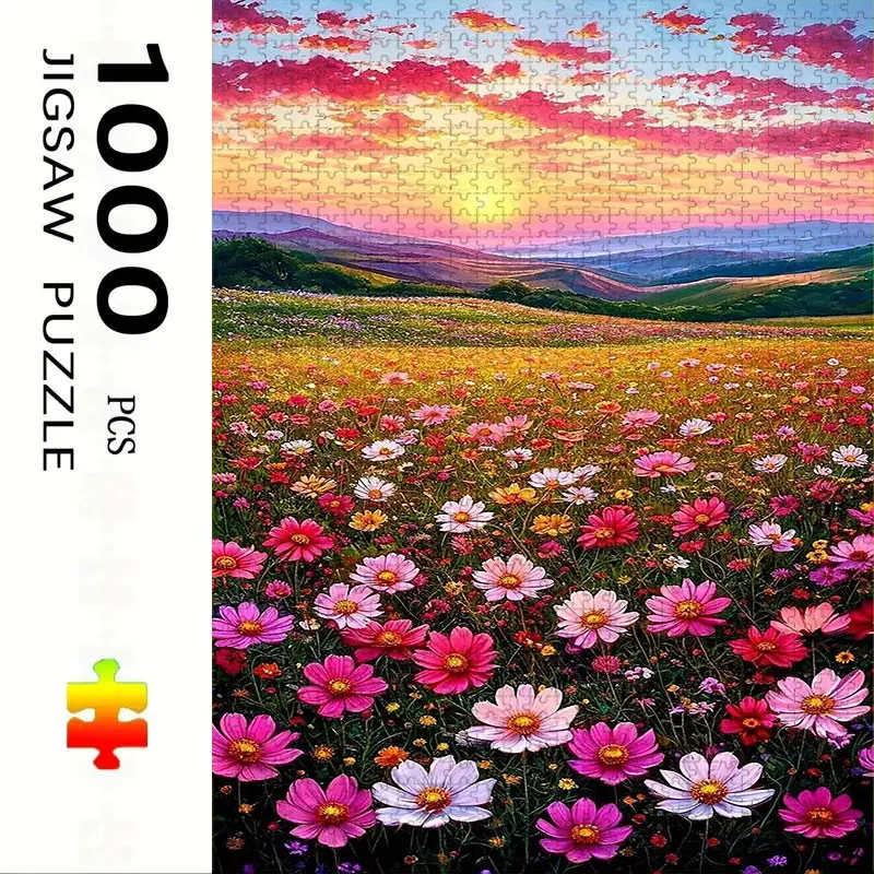 1000 Piece Sunset Flower Field Puzzle, Large Adult Family Interactive Puzzle Toy, DIY Home Decor Brain Challenge, Festive Gift