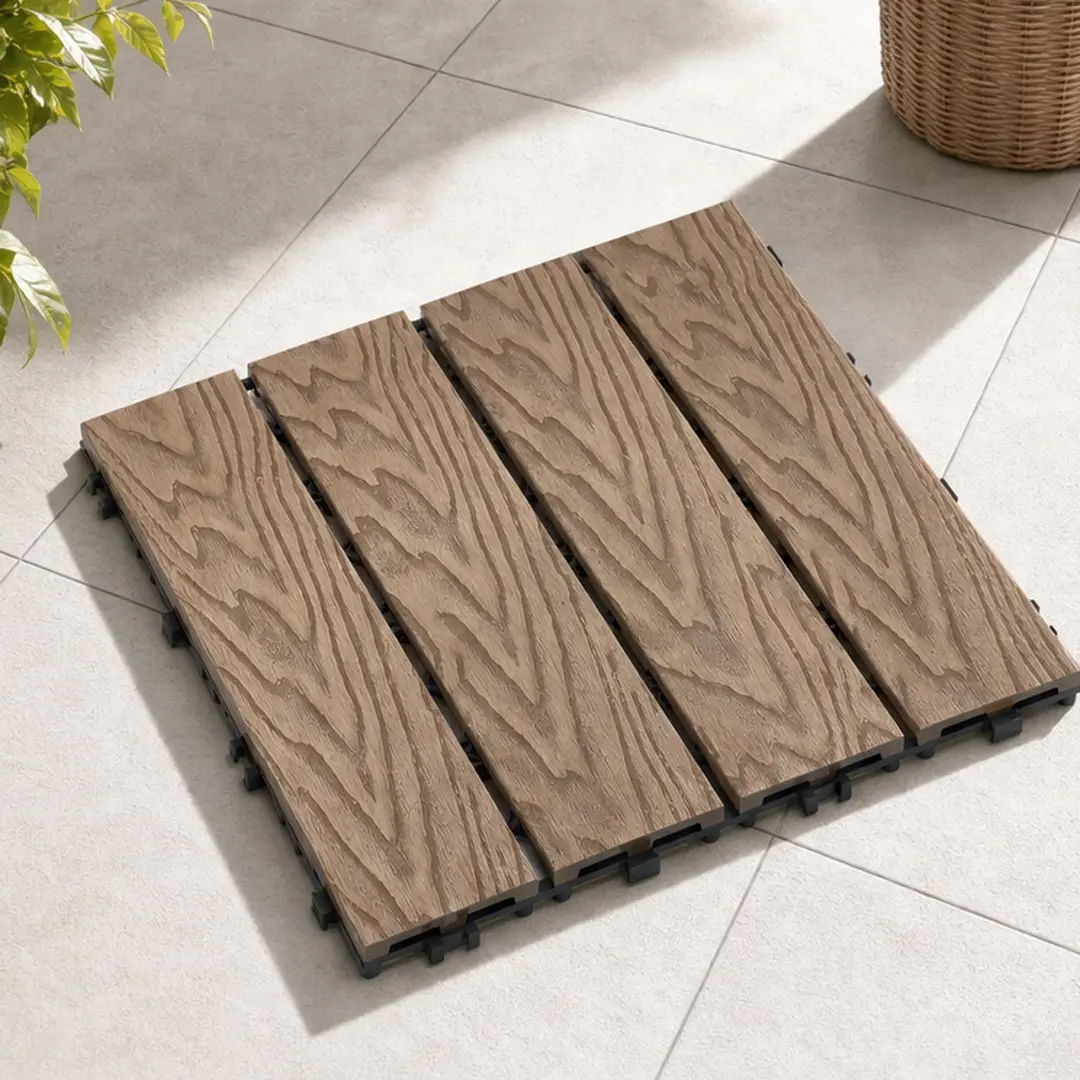 ARCH WPC Wood-Plastic Composite Interlocking Deck Tiles, 11.8"x11.8" Wood Look Teak Patio Flooring, 11-Pack DIY Quick Install Water-Resistant 3D Grain Tiles for Balcony, Poolside, Indoor Outdoor Use, Wood Look Tile