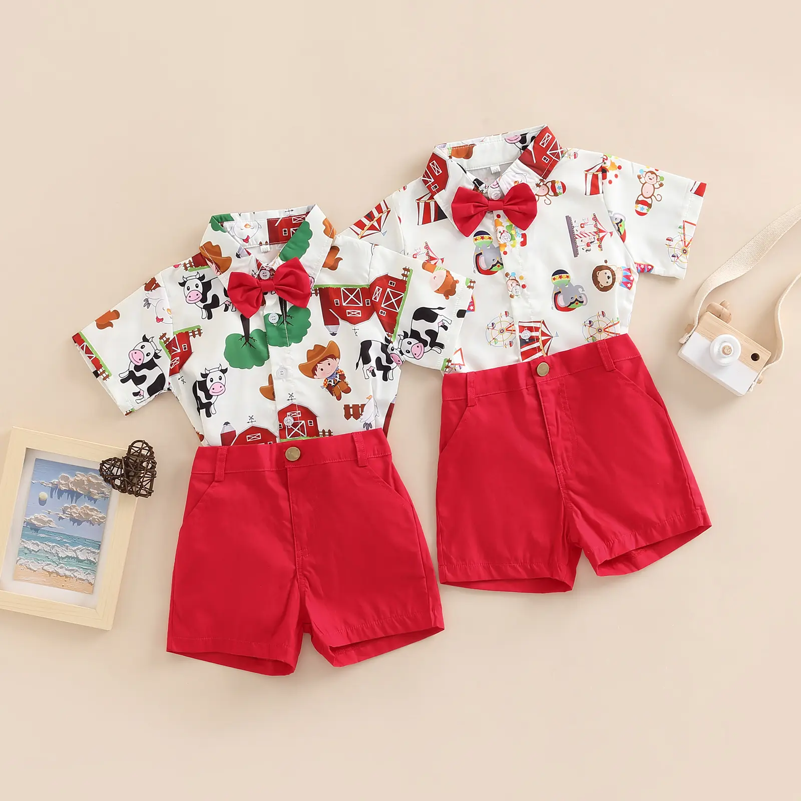6M-5Y Toddler Boys Short Outfits Christmas Farm/Circus Cartoon Animal Print Shirts with Bow Tie Shorts Set