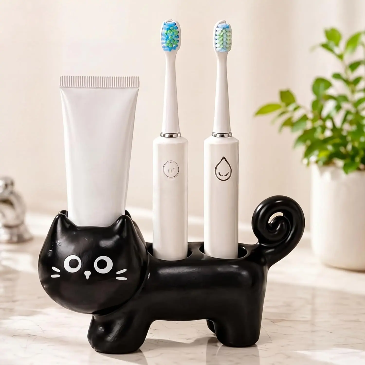 Black Cat Electric Toothbrush Holder DIY Cute Cat Bathroom Decor Ceramic Toothbrush and Toothpaste Holder Funny Bathroom Countertop Organizer Gift for Pet Lovers Guest Home Dorm