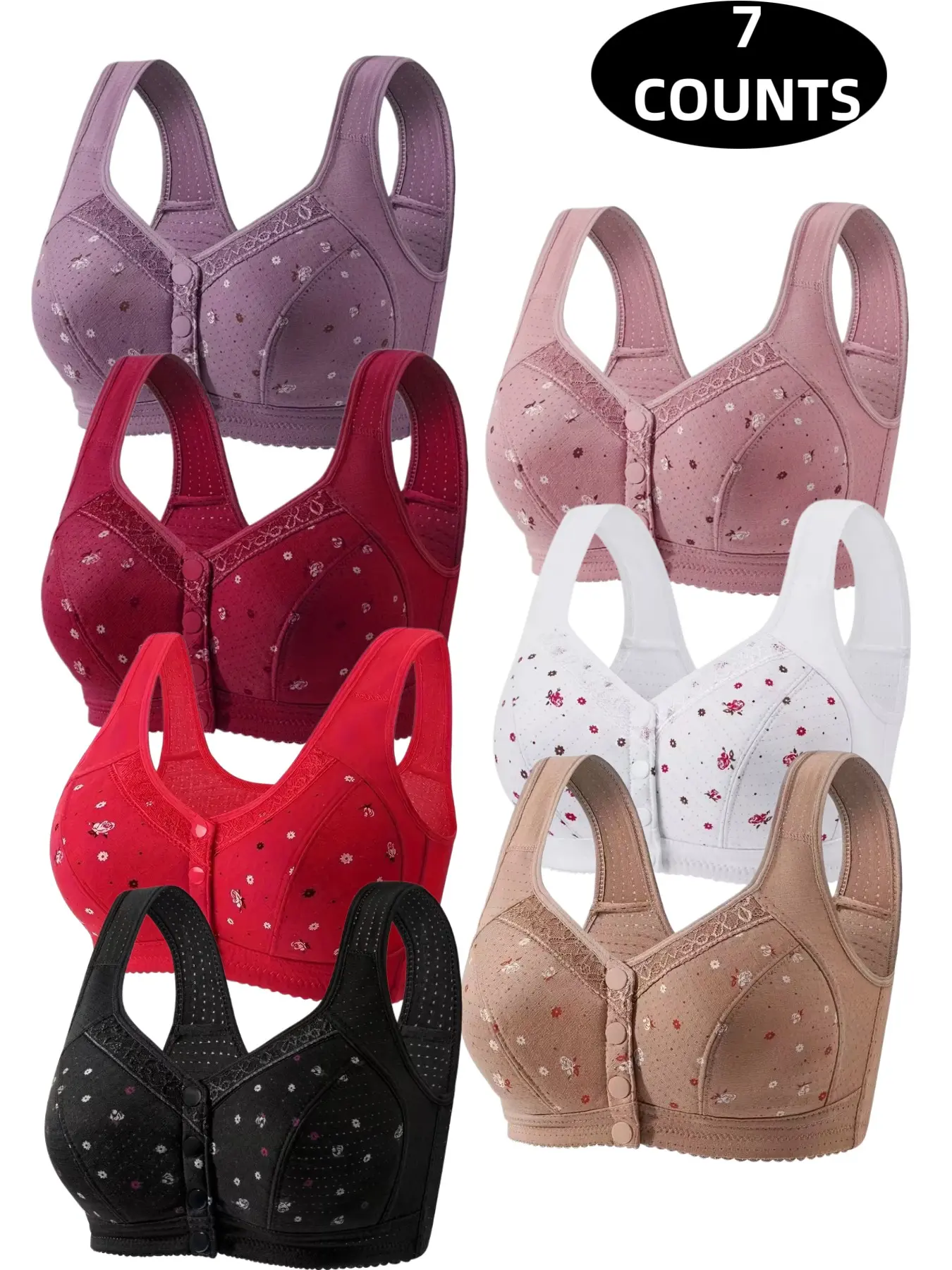 7-Pack Women's Lace Wireless Front Buckle Push-Up Bra, Seamless Comfort Fit, Daily Wear Underwire-Free Bra, Breathable Soft Fabric, Full Day Support, Non Wired Bra