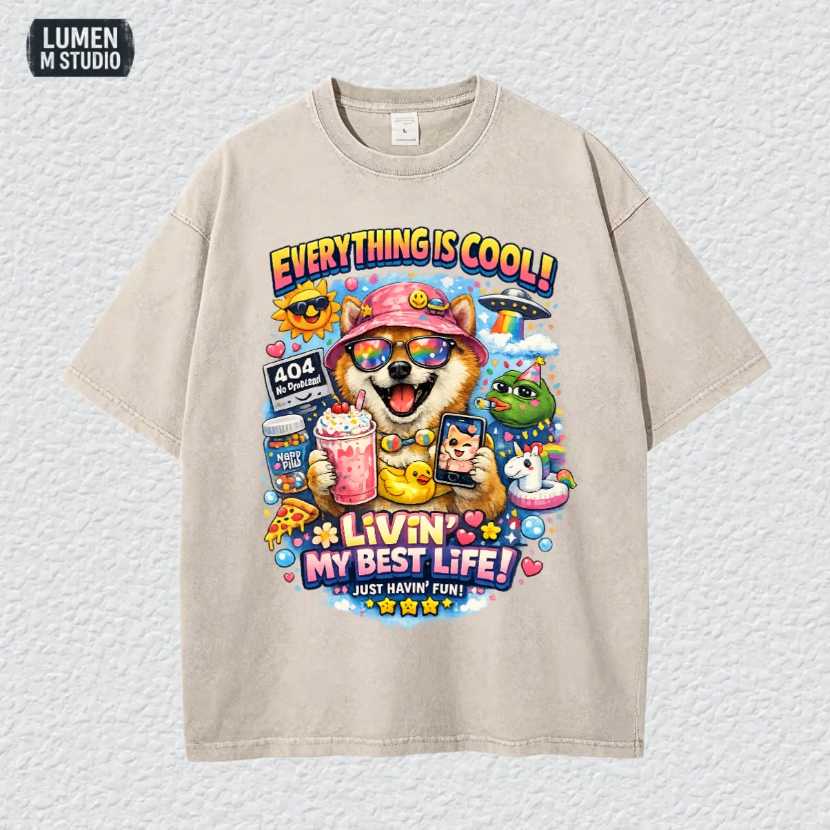 [ LM Studio ] Heavyweight Cotton Vintage Snow Wash Graphic Tee - Oversized Streetwear T-Shirt, Drop Shoulder Y2K Retro Top, Unisex,Edition # 033