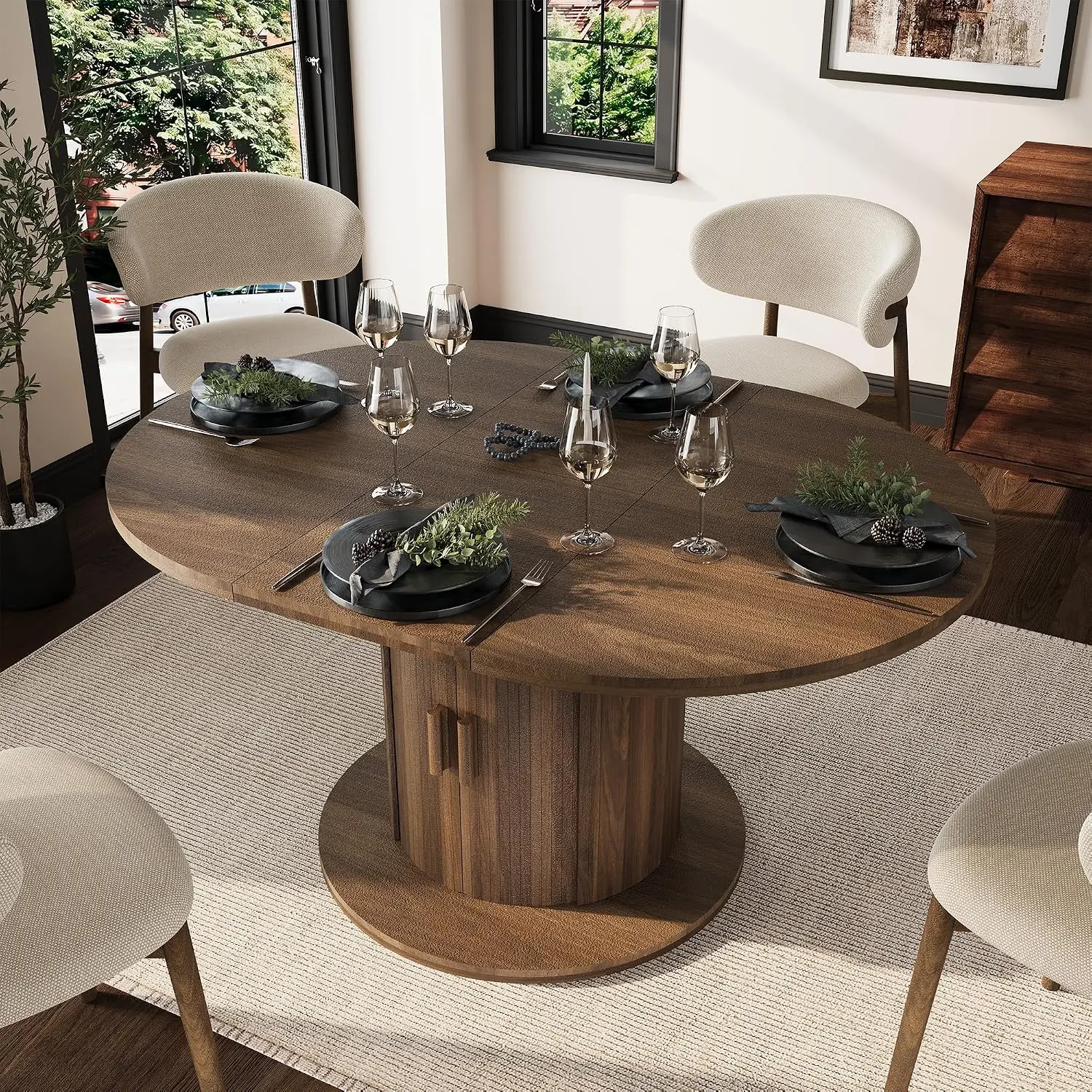 Garvee Round Extendable Dining Table - Rustic Farmhouse Decor, 4-6 Seats, Wood Finish, Hidden Storage, Slide Doors, Pedestal Base, 43.3in to 59.1in Round Oval Conversion