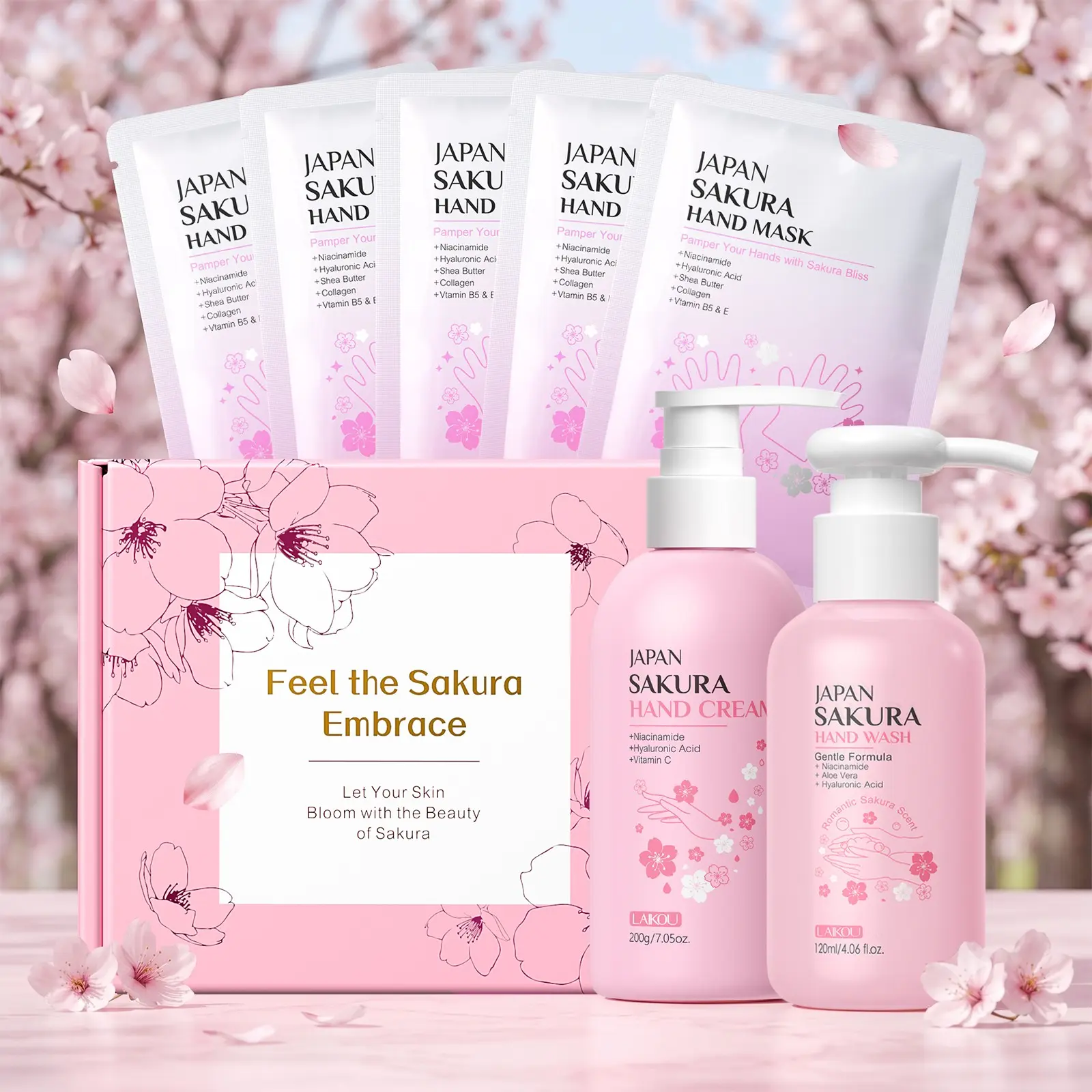 LAIKOU Sakura Hand Care Set, Premium Pampering Hand Mask Gloves 5PCS, Nourishing Hand Lotion 7.05oz and Liquid Hand Soap 4.06fl.oz, Gentle Softening Repair Skin Care Gift Kit for Dry Hands, Hand Cream for Dry Cracked Hands Set