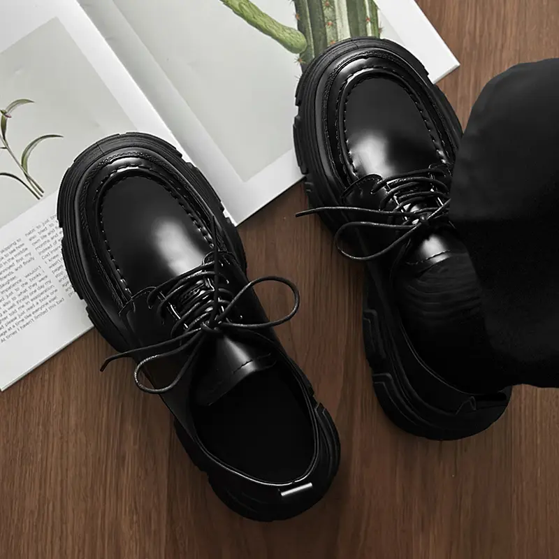 GGOR Vintage British Style Men's PU Round Toe Slip-On Stitched Print Platform Height-Increasing Loafers - Universal Versatile Business Casual Sports Footwear for Work