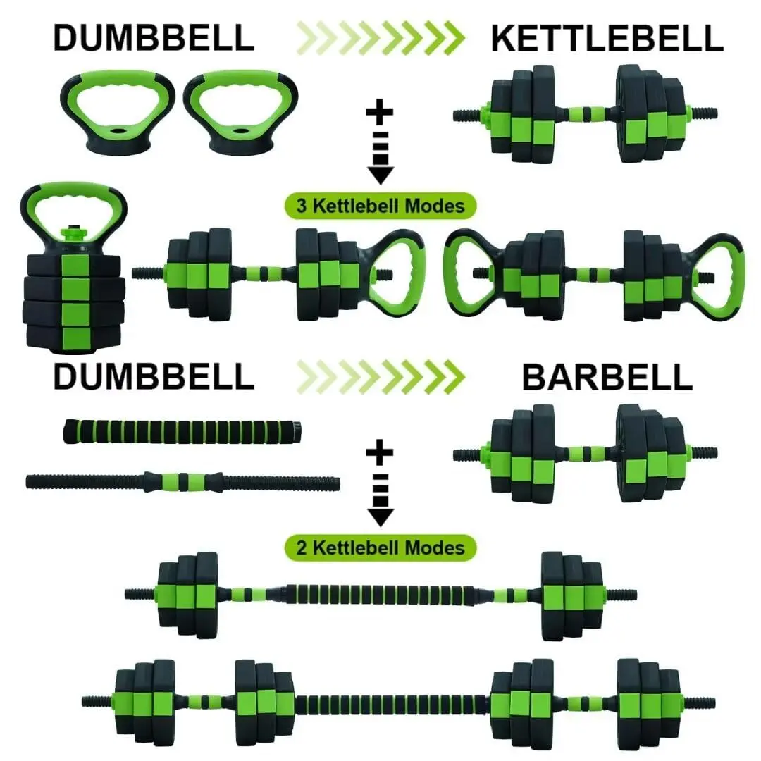 Garvee Adjustable 66 Lbs Dumbbell Set with Connector, 4-in-1 Free Weight System Includes Dumbbells, Barbell, Kettlebells, and Push Up Stand in Green and Black with Multiple Weight Plates