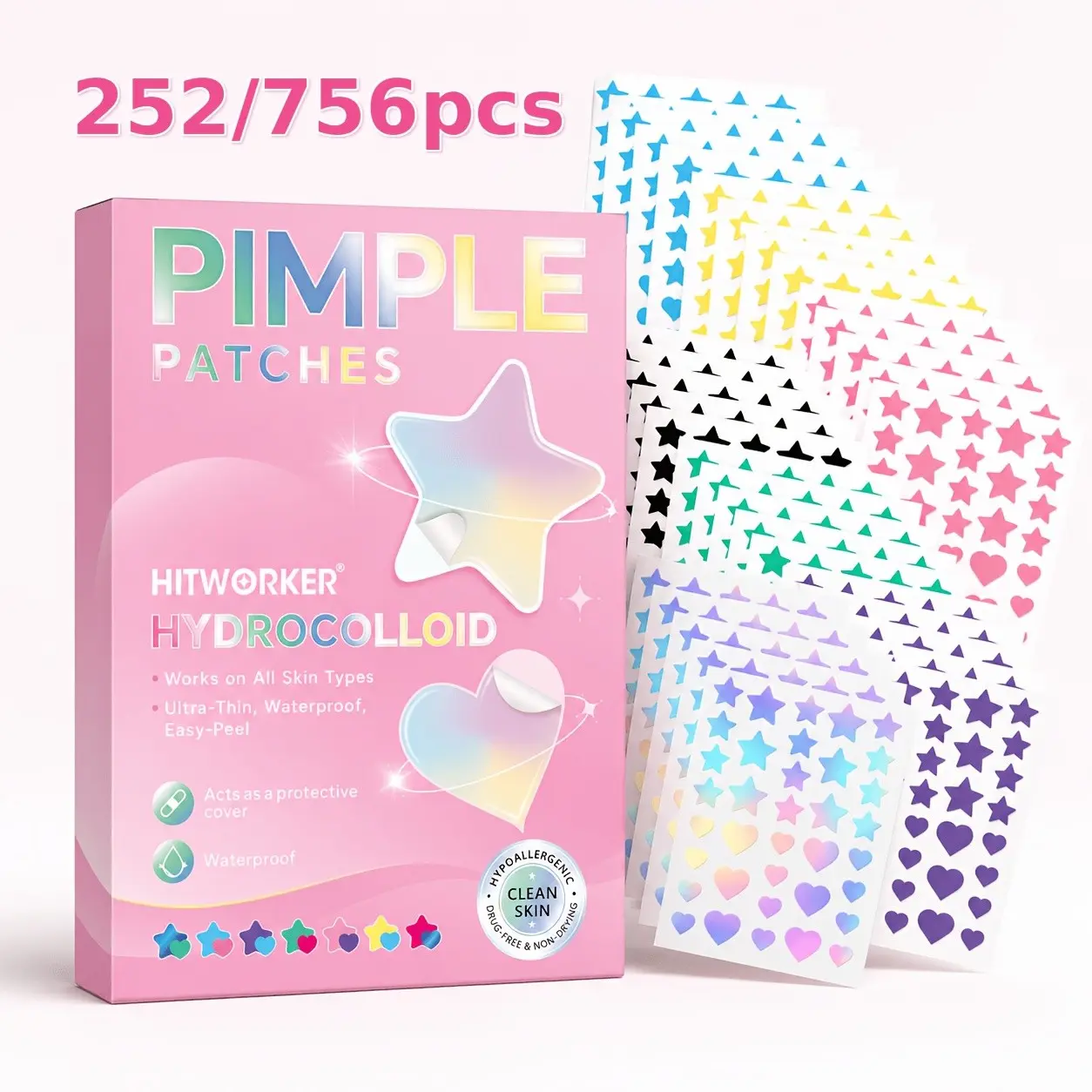 Cute Star & Heart Pimple Patches, 252/756 Count Hydrocolloid Acne Spot Treatment Patches, Ultra-Thin Waterproof Blemish Stickers, Easy-Peel Spot Covers, Acne Clearing Products