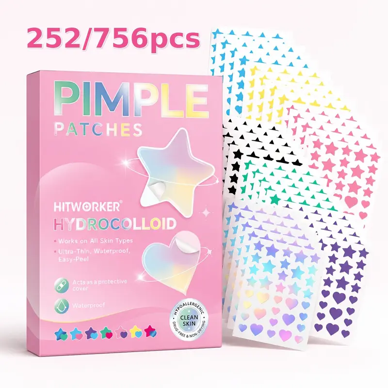 Cute Star & Heart Pimple Patches, 252/756 Counts Hydrocolloid Acne Spot Treatment Patches, Acne Patches For Face, Ultra-Thin Waterproof Blemish Stickers, Easy-Peel Spot Covers