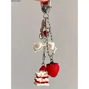 Strawberry Cake Dessert Keychain for Women, Handmade Resin Fruit Pendant Accessory for Handbags, Backpacks and Keys, Cute Daily Carry Charm