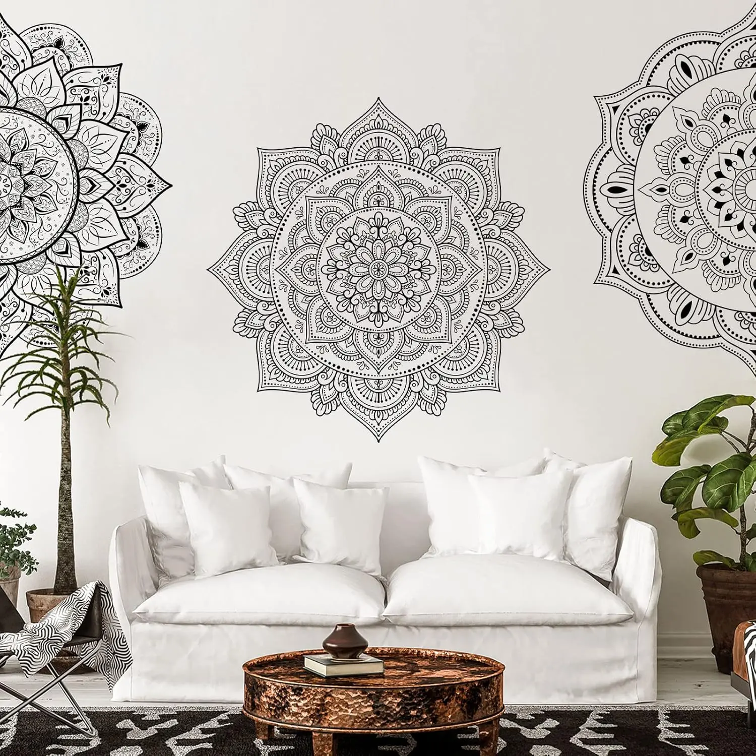 4 count Black Half Mandala Wall Decal Boho Mandala Sticker Lotus Flower Vinyl Wall  Flower Stickers Headboard Decoration Indian Namaste for Bedroom Living Room Yoga