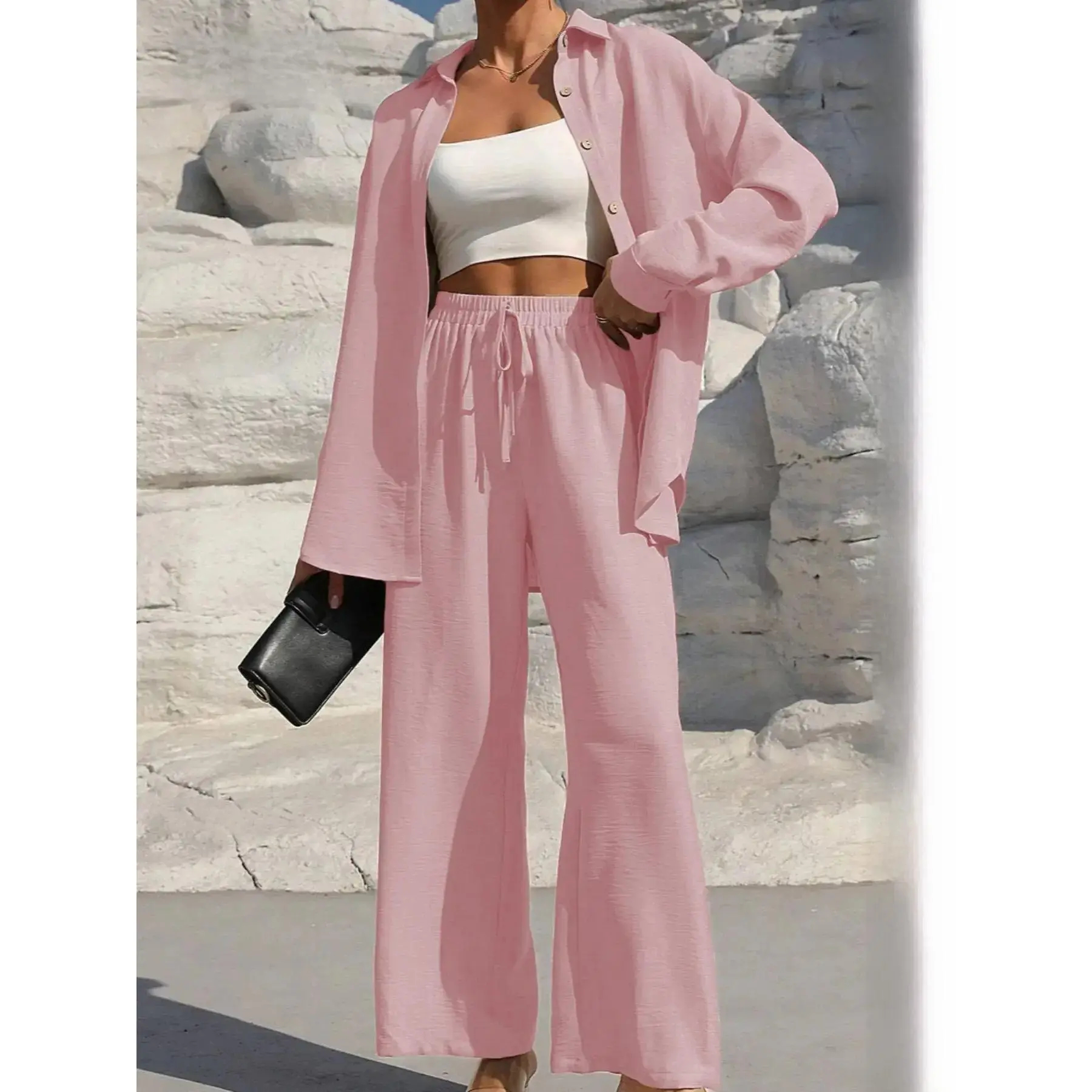 Women's Solid Button Front Shirt & Tie Front Wide Leg Pants Two-piece Set, Casual Drop Shoulder Long Sleeve Top & Trousers 2 Piece Set for Spring & Fall, Women's Clothes for Daily Wear, Loose Pant Sets, Casual Outfits Women