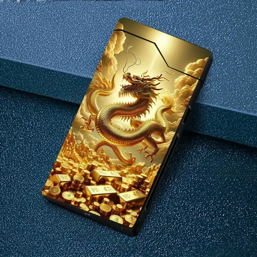 [Windproof Lighter] 1 Windproof Arc Lighter |   Golden Dragon Pattern, Type-C Charging, Metal Shell, Power Display, Dual Arc, Gift Box, Power-Off Program, Outdoor Survival